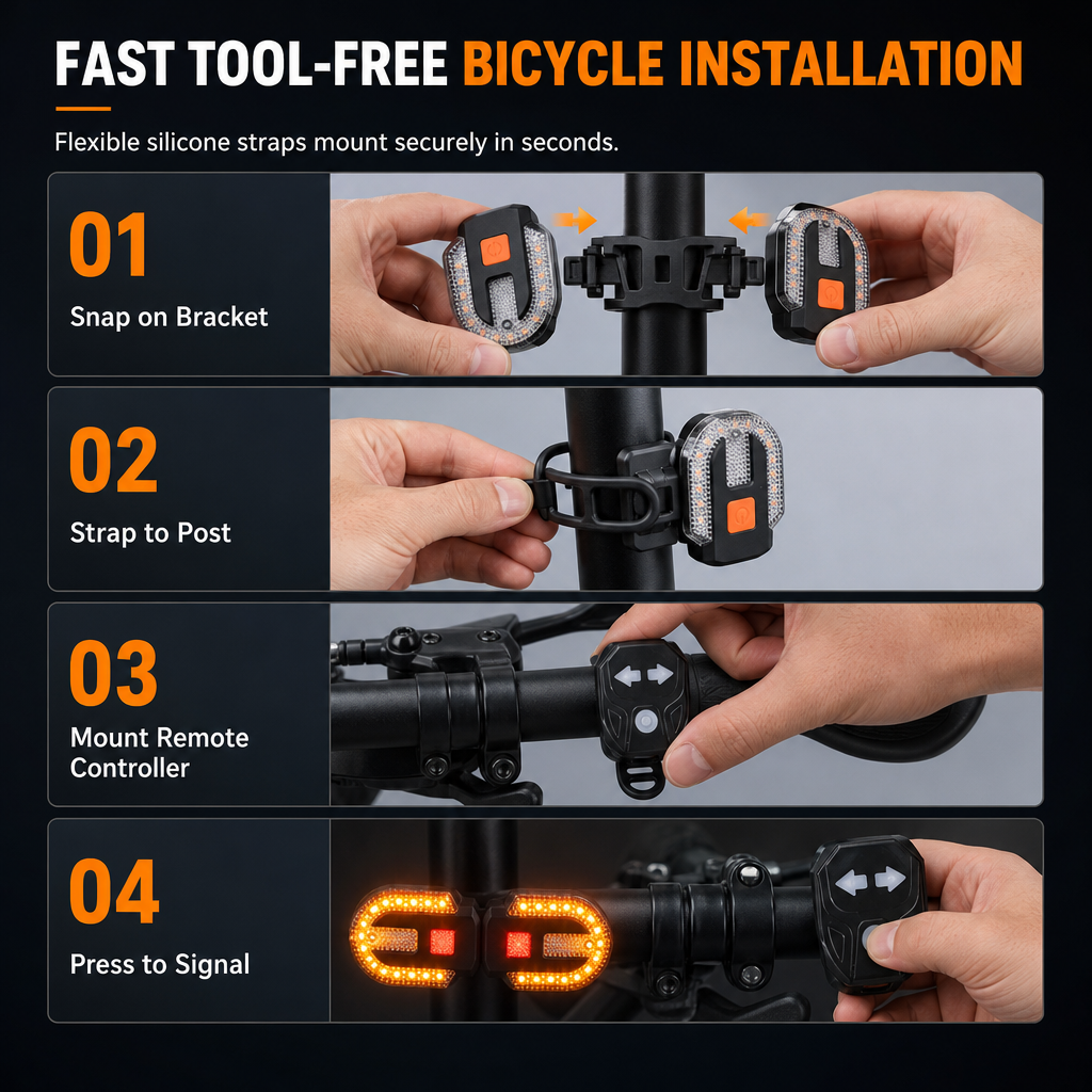 USB Rechargeable Bike Turn Signal Tail Light with Wireless Remote Control Detachable Bicycle Warning Light for Night Riding