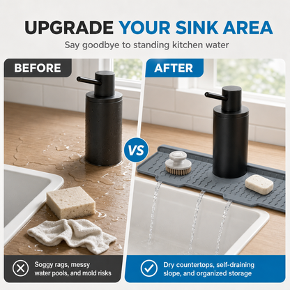 🚰 LIMITED‑TIME 50% OFF! 🌊 Silicone Faucet Splash Guard Mat – Self‑Draining Slope, Cuttable Collar & Sponge Caddy 🧼