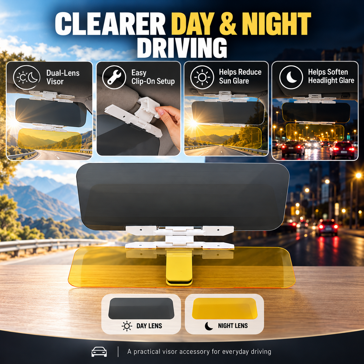 ⏳🔥LIMITED-TIME 50% OFF! Careluxpro Universal HD Anti-Glare Car Visor for Day & Night