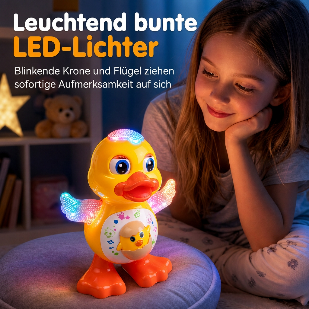 🦆🎵Electric Singing and Dancing Cartoon Duck Toy | LED Light Effects, Waddling Motion🌈