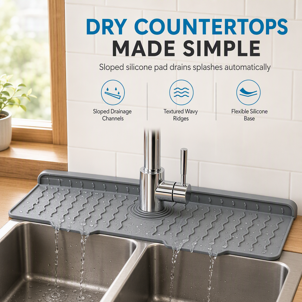 🚰 LIMITED‑TIME 50% OFF! 🌊 Silicone Faucet Splash Guard Mat – Self‑Draining Slope, Cuttable Collar & Sponge Caddy 🧼